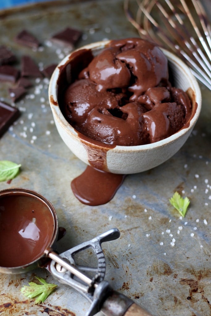 The best recipe for dark chocolate sorbet with coffee and kosher salt. Adapted from David Lebovitz. A fantastic dessert recipe! thewoodenskillet.com #foodphotography #food styling