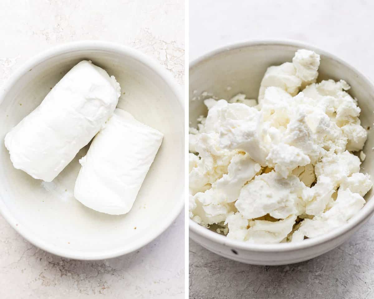 One image showing two whole pieces of goat cheese in a bowl and another image showing the goat cheese broken into chunks.