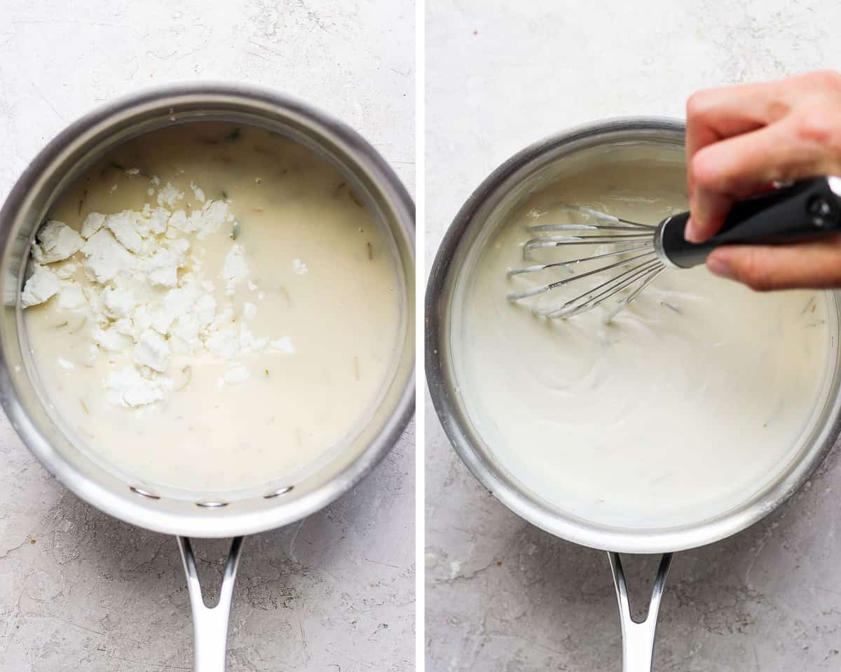 One image shows the chunks of goat cheese added to the saucepan and another image shows the whisk mixing it all together.