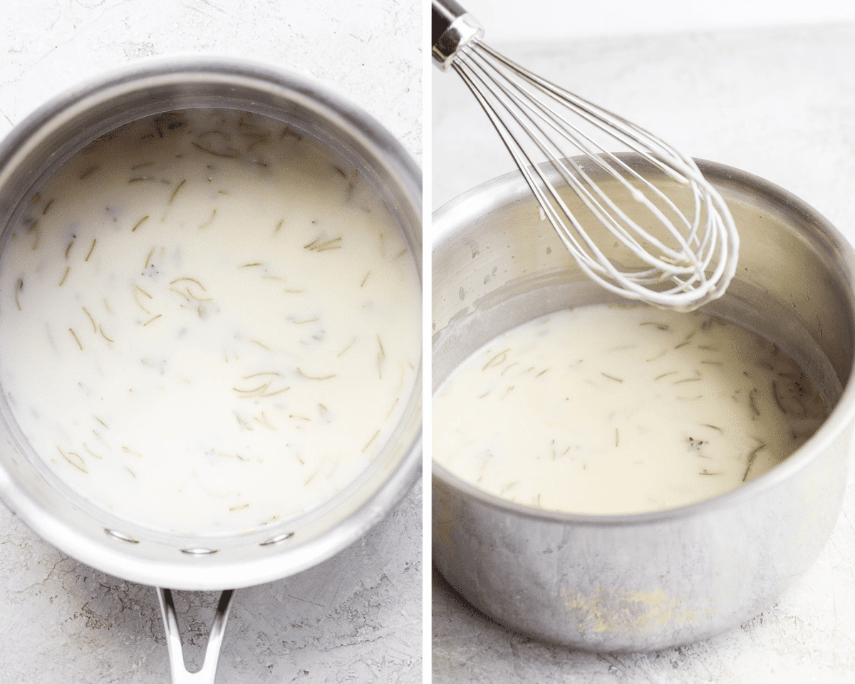 Two images showing a whisk mixing the seasonings into the milk mixture in a saucepan.