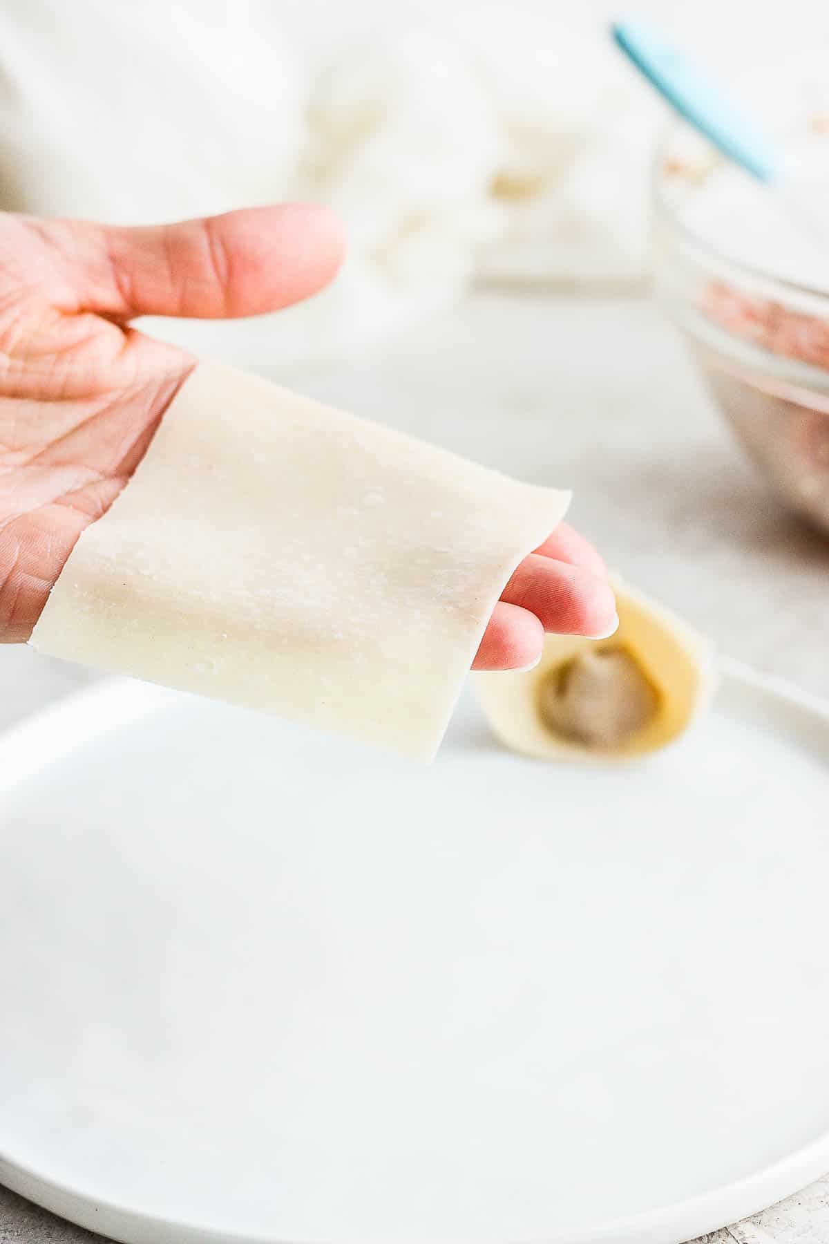 Someone holding a wonton wrapper in their hand.