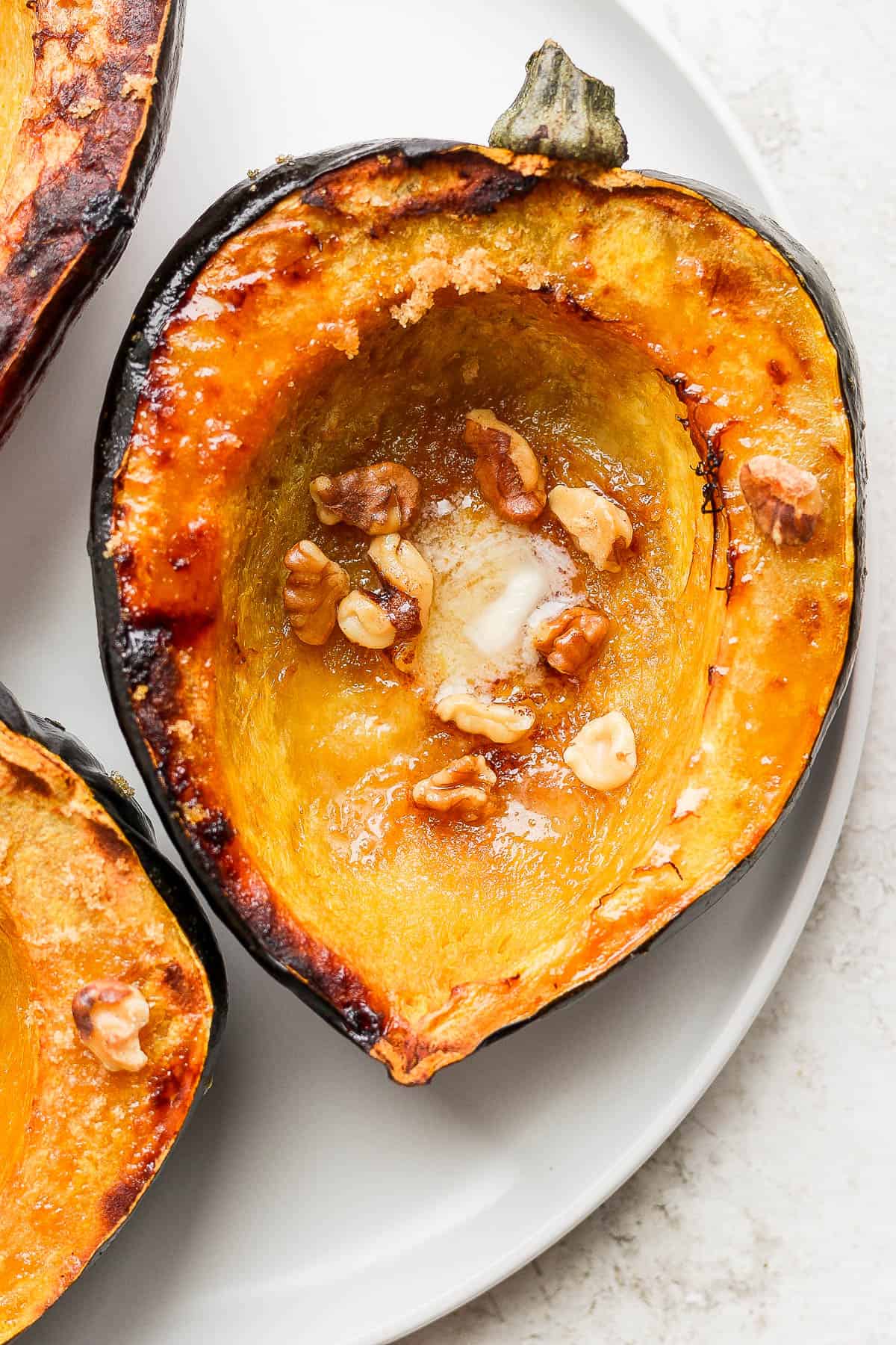 A close-up of a roasted acorn squash.