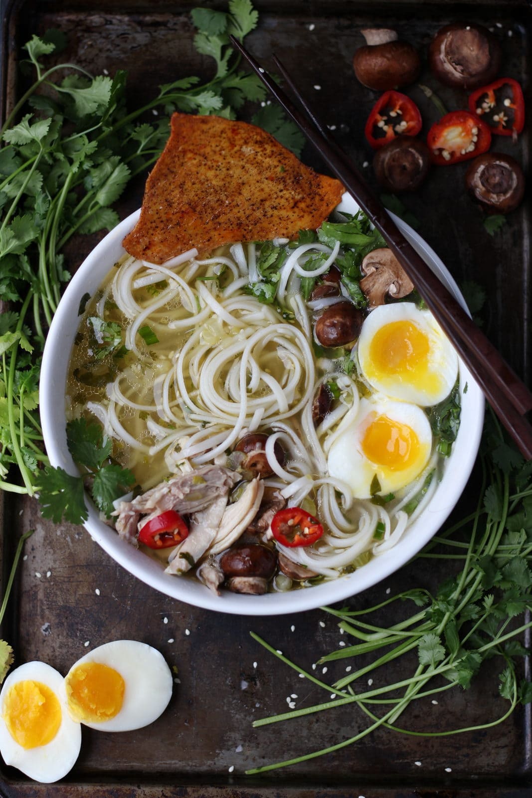 Chicken Ramen Noodle Soup + Crispy Chicken Skins - thewoodenskillet.com #foodphotography #foodstyling