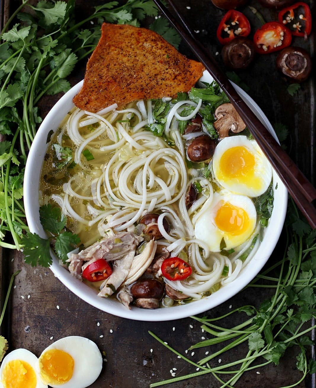 Chicken Ramen Noodle Soup + Crispy Chicken Skins - thewoodenskillet.com #foodphotography #foodstyling