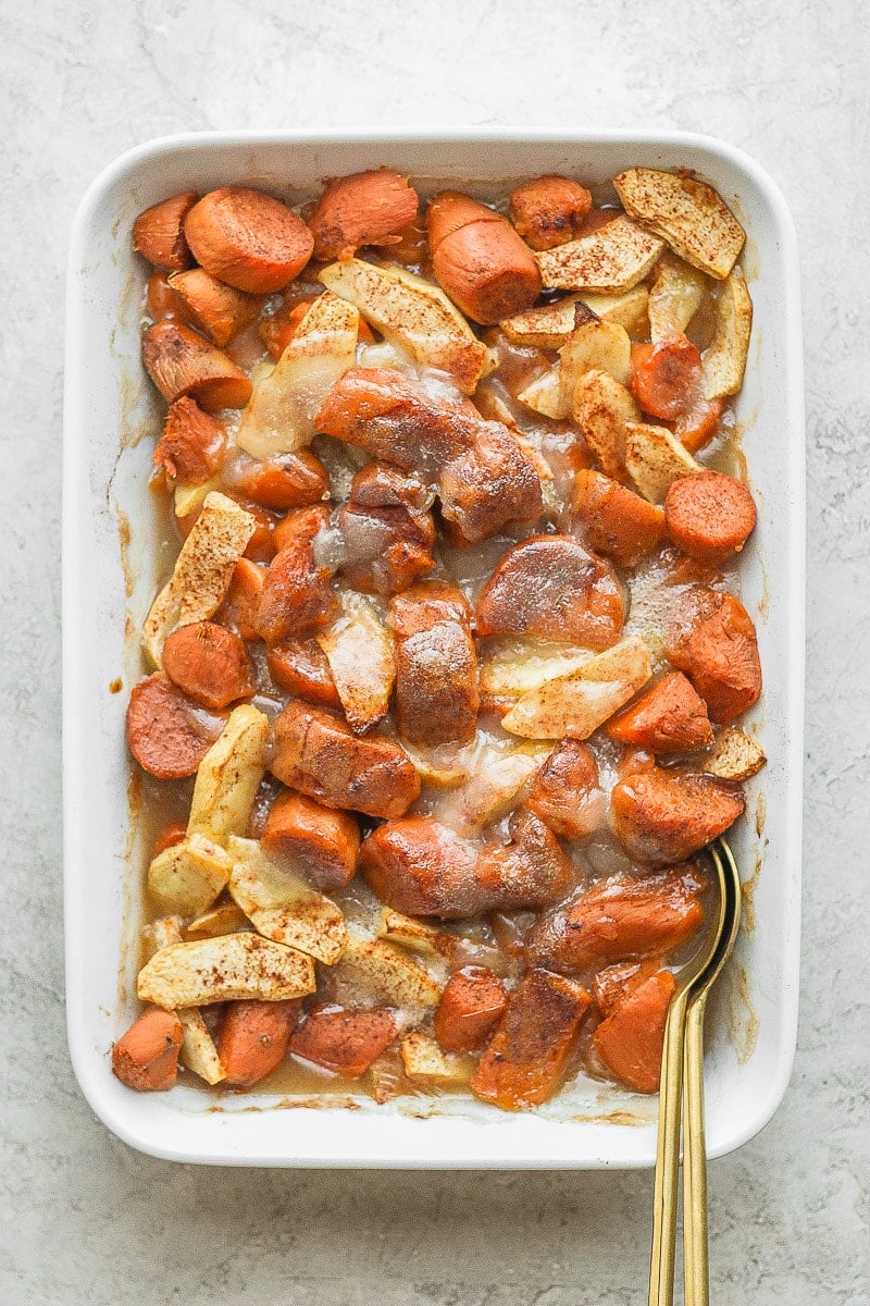 Casserole dish filled with apple yam bake. 