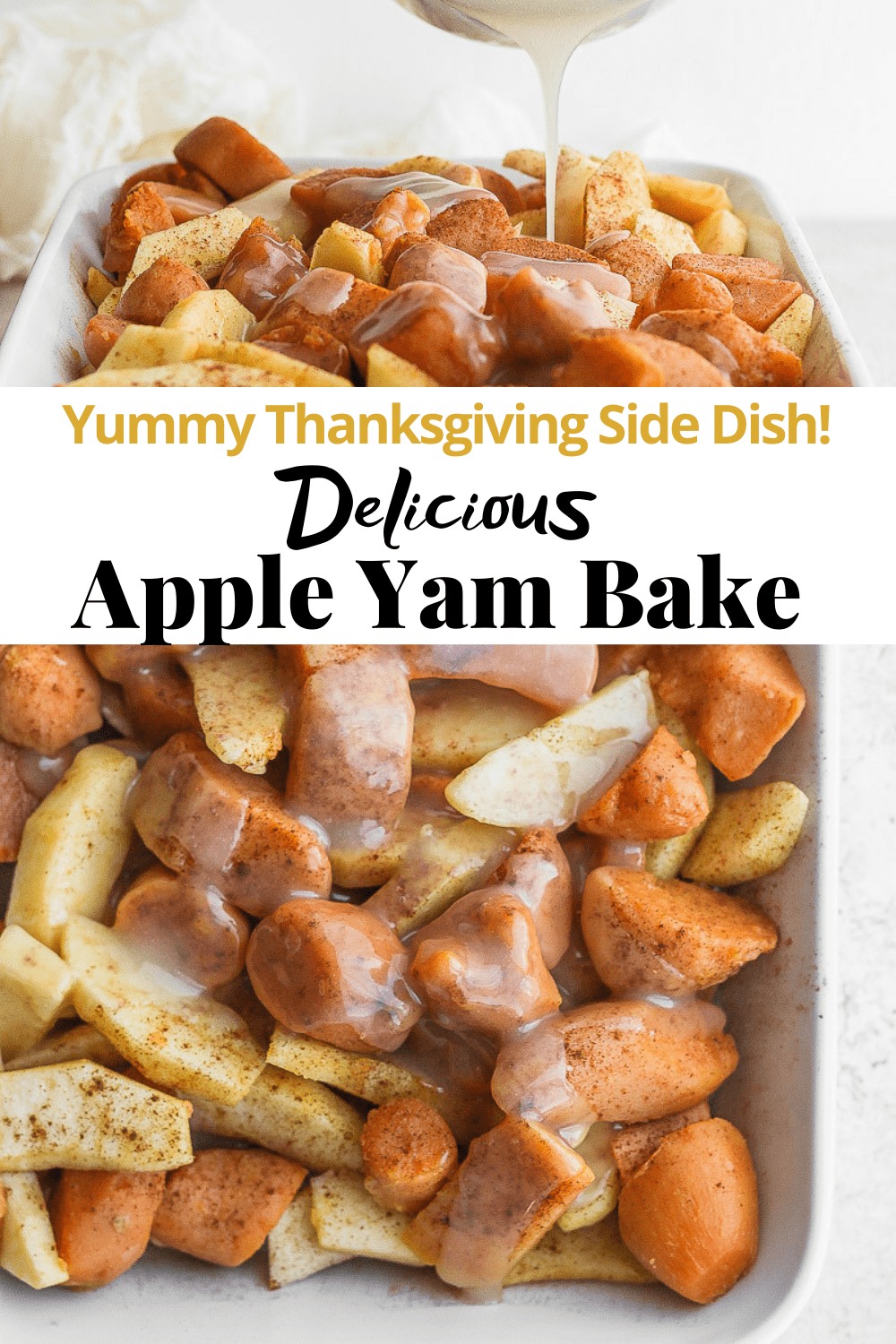 Pinterest image for sweet apple cinnamon yam bake.