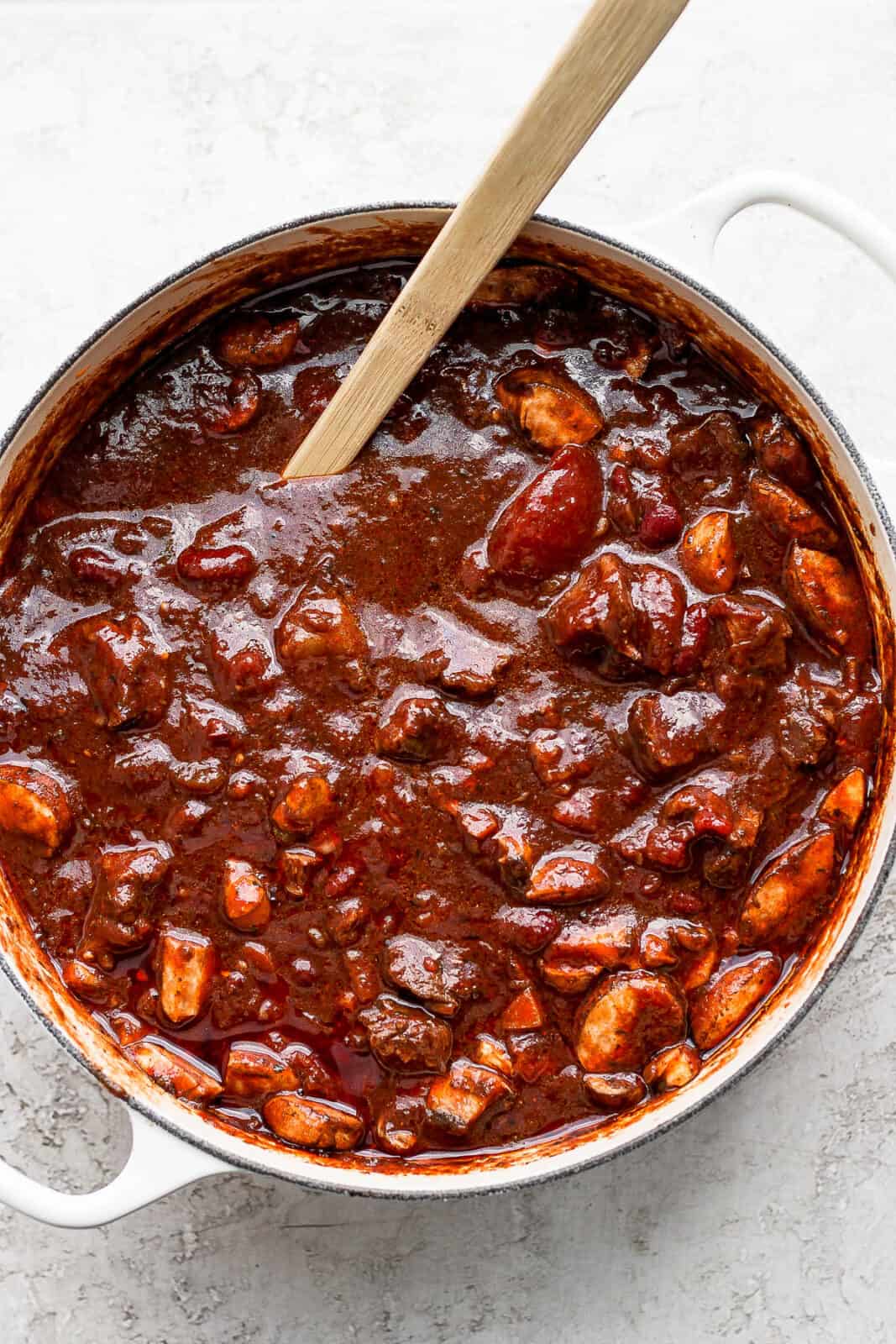 A Dutch Oven filled with Short Rib Chili.