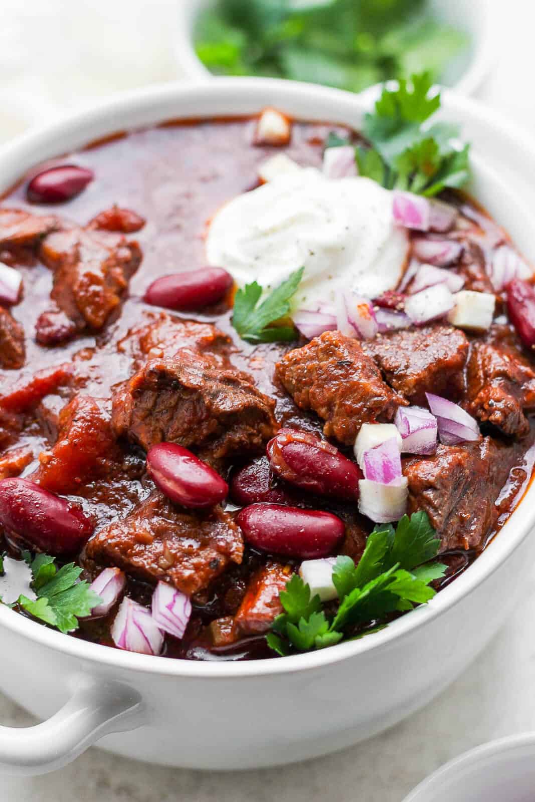 Side view of a bowl of Short Rib Chili.