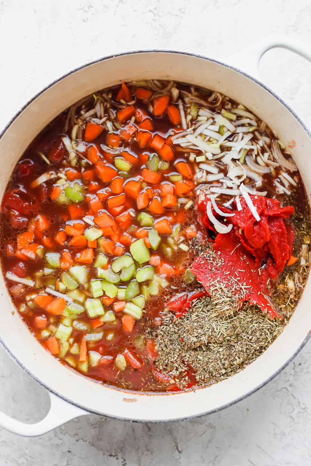 Braising liquid in a Dutch Oven.