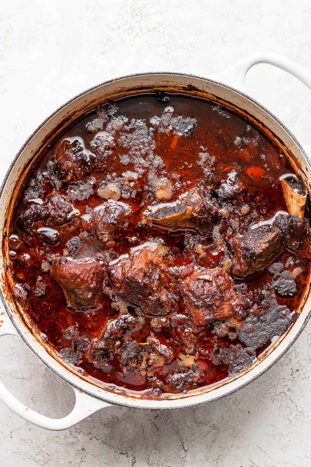 Short ribs in braising liquid just out of the oven.