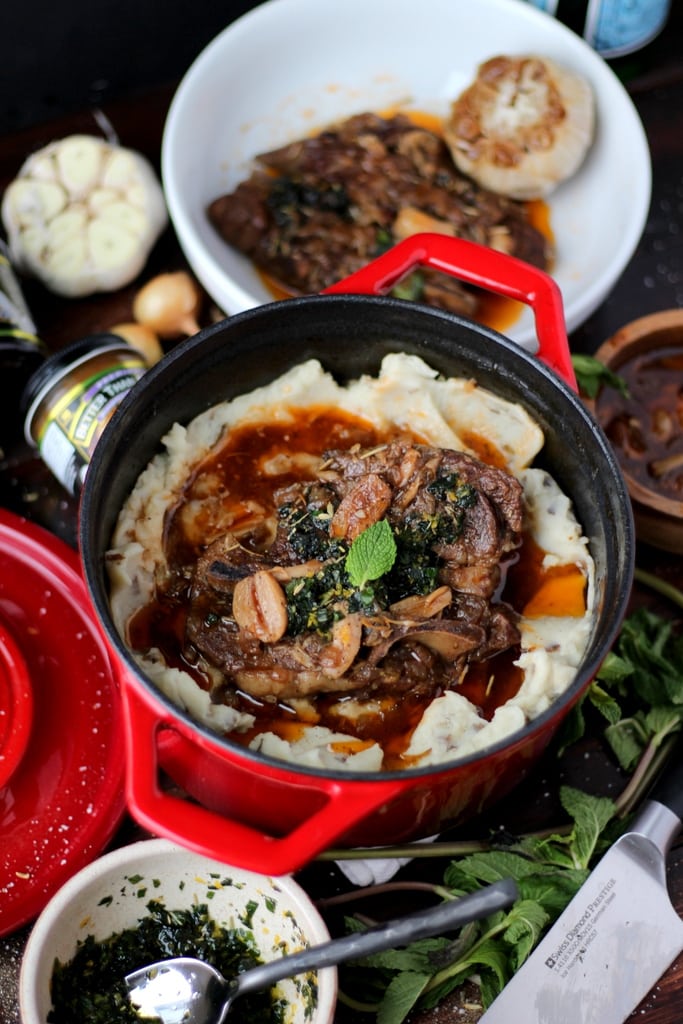 Braised Lamb Shoulder + Mint Gremolata and Roasted Garlic Mashed Potatotes - the perfect holiday meal! thewodenskillet.com