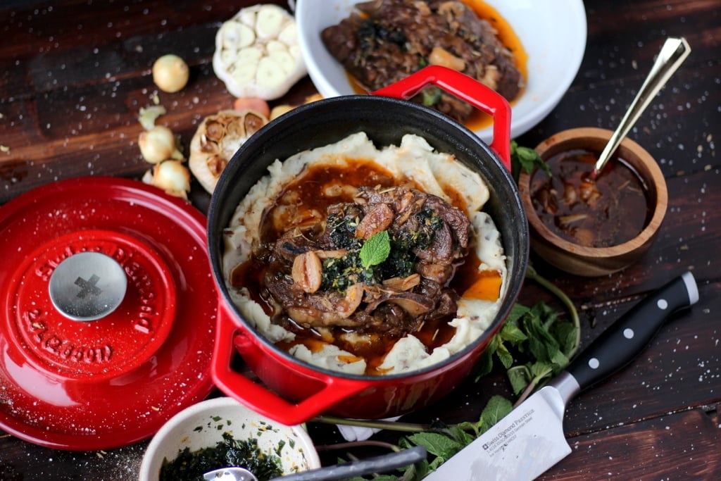 Braised Lamb Shoulder + Mint Gremolata and Roasted Garlic Mashed Potatotes - the perfect holiday meal! thewodenskillet.com