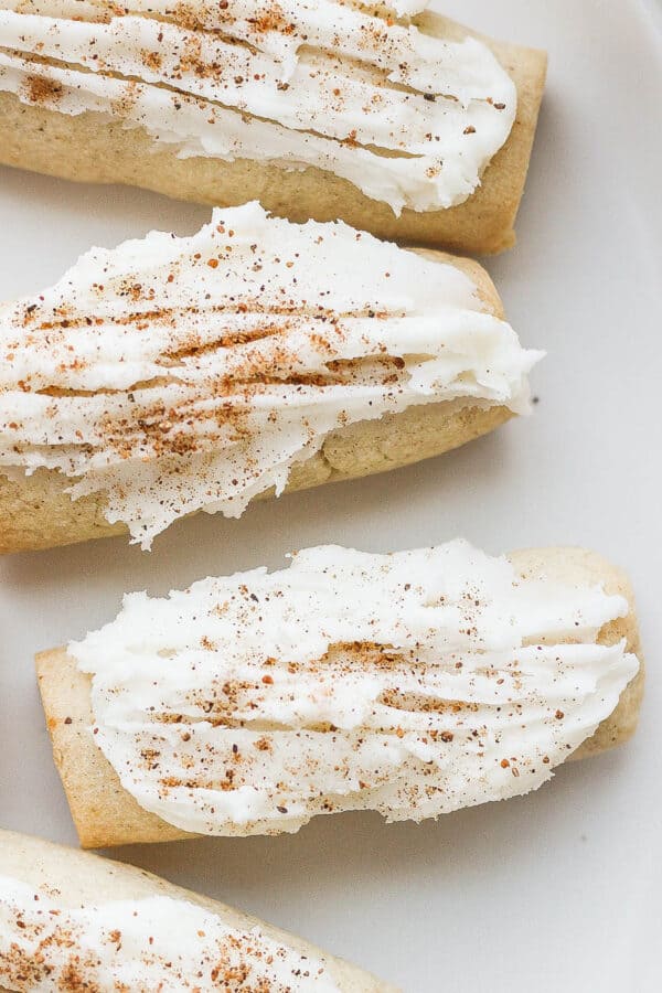 Plate of frosted nutmeg logs.