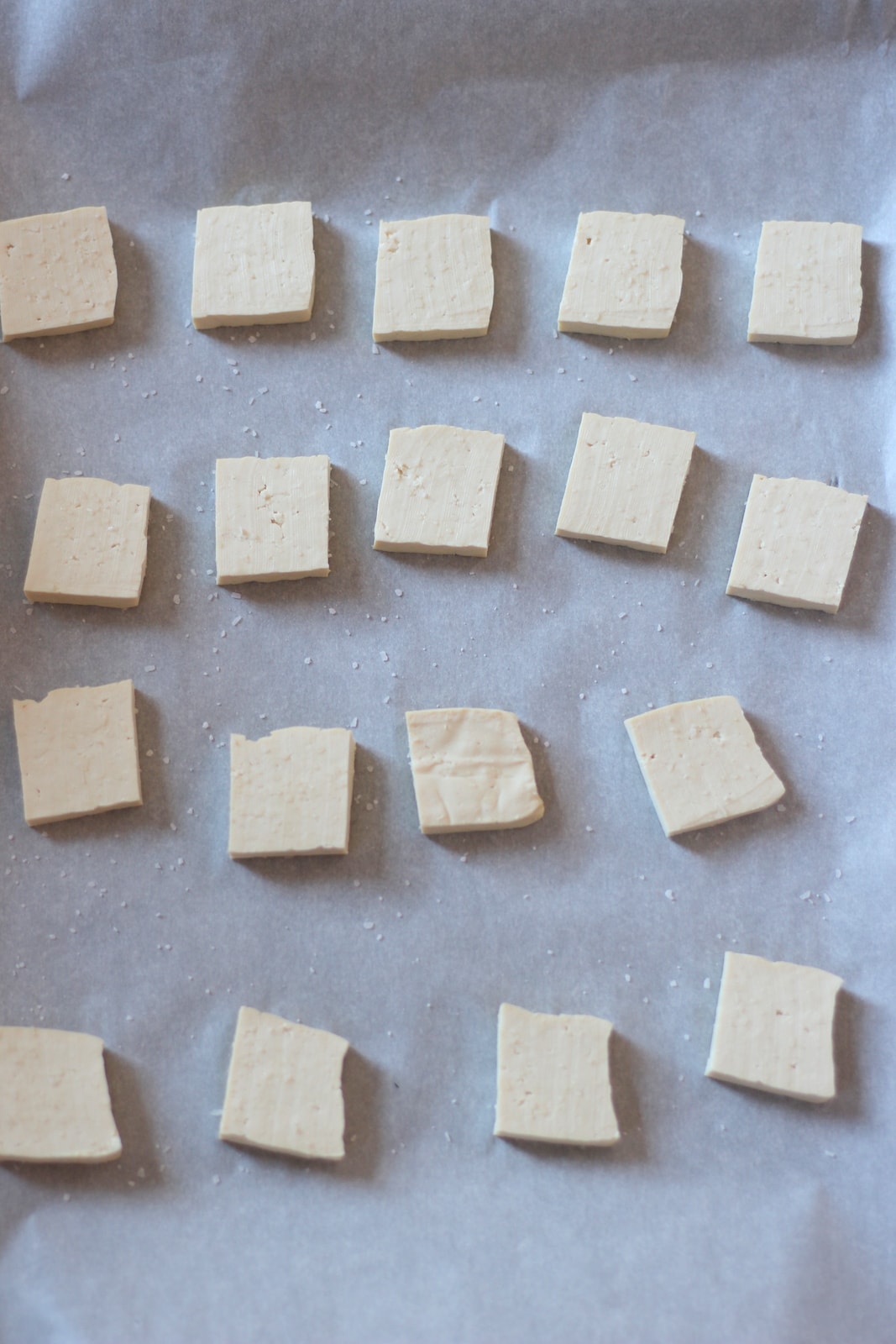 Squares of plain tofu, uncooked, on a parchment-lined baking sheet. 