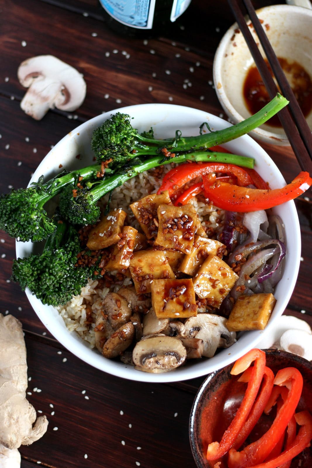 Brown Rice Tofu Bowl + Roasted Vegetables and Soy, Ginger, Garlic Sauce. 