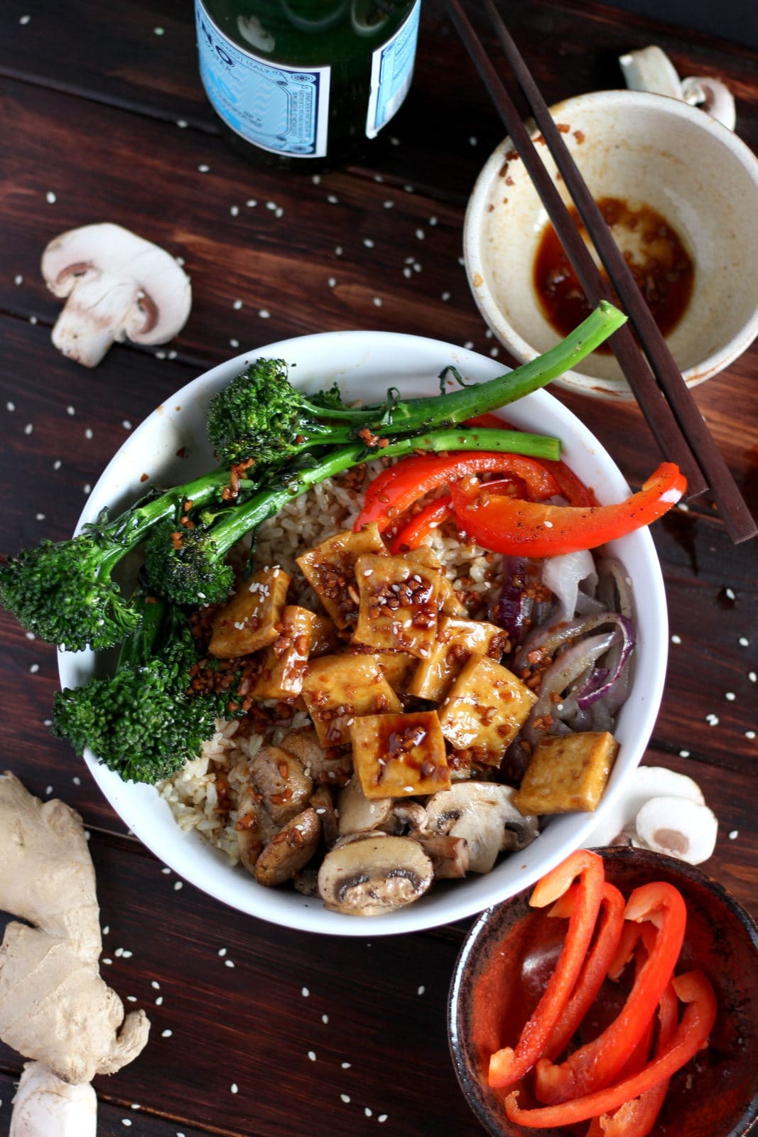 Brown Rice Tofu Bowl + Roasted Vegetables and Soy, Ginger, Garlic Sauce. 