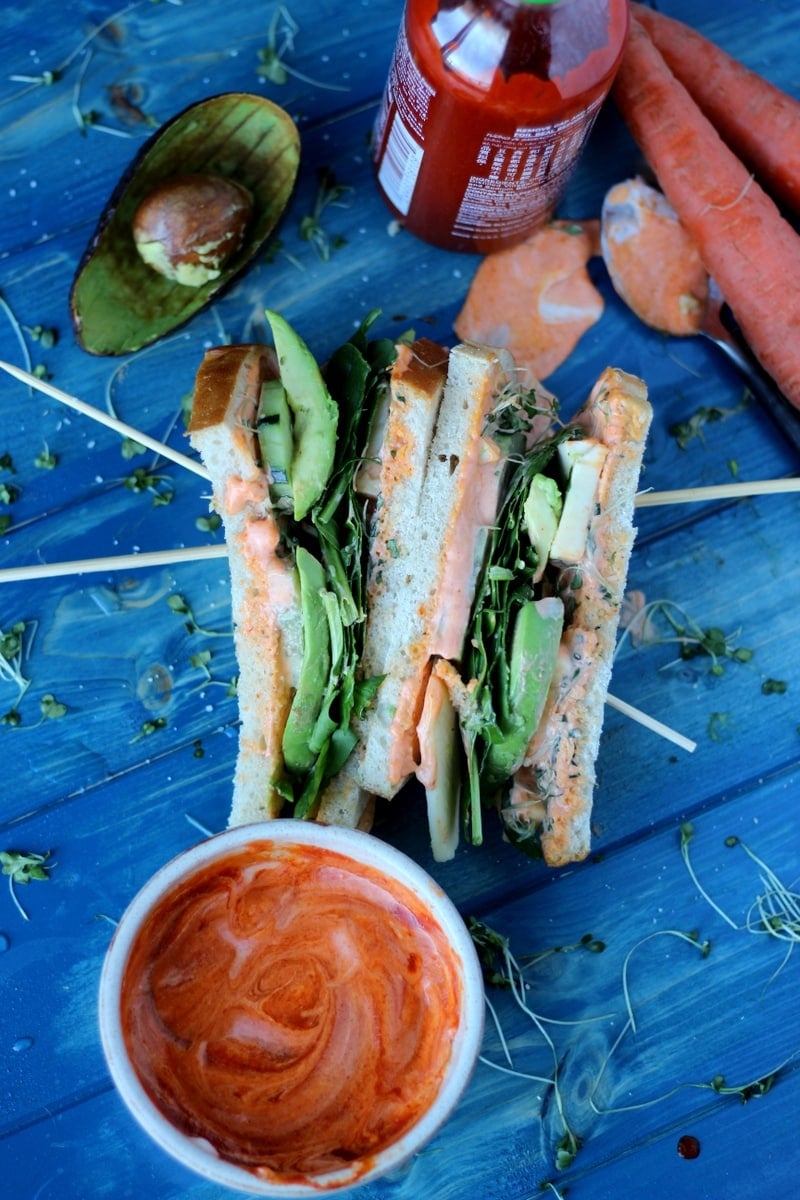 Healthy Avocado and Cheese Sandwich on Sourdough + Spicy Siracha Mayo - thewoodenskillet.com