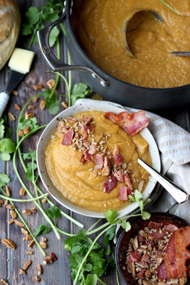 Creamy Winter Soup + Candied Pecans and Bacon. thewoodenskillet.com 