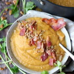 Creamy Winter Soup + Candied Bacon and Pecans - with sweet potatoes and rutabaga, the perfect comfort food! thewoodenskillet.com