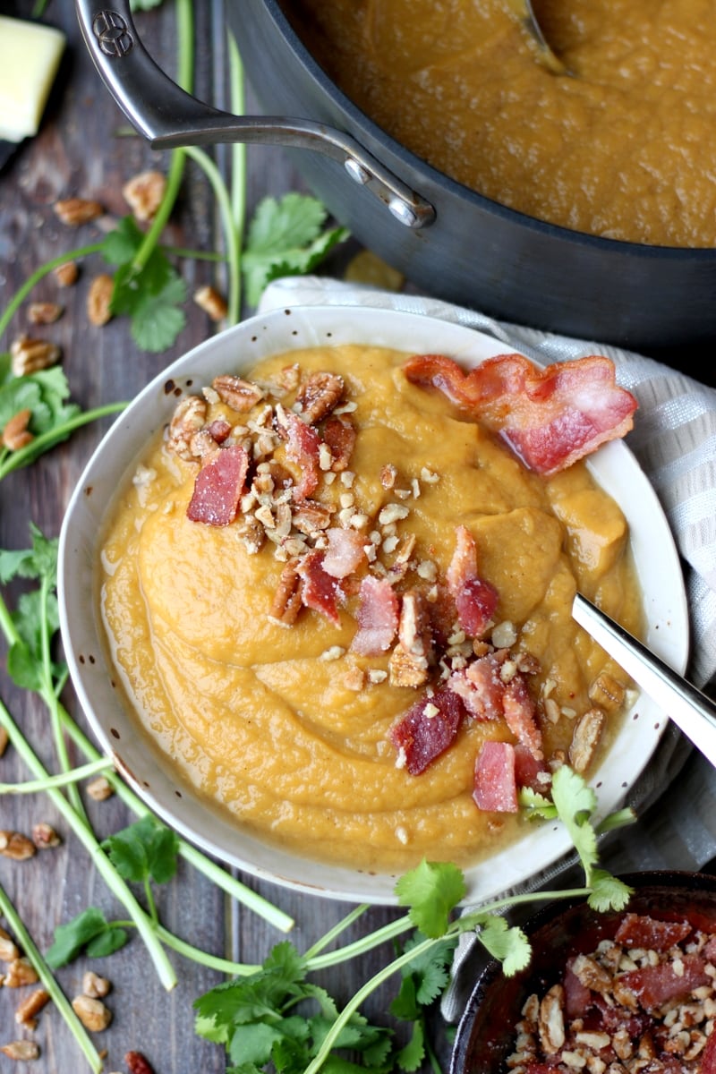 Creamy Winter Soup + Candied Bacon and Pecans - with sweet potatoes and rutabaga, the perfect comfort food! thewoodenskillet.com