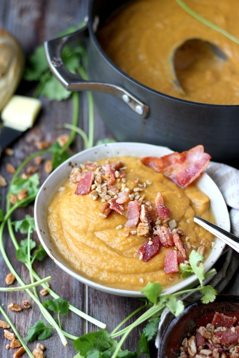 Creamy Winter Soup + Candied Pecans and Bacon. thewoodenskillet.com 