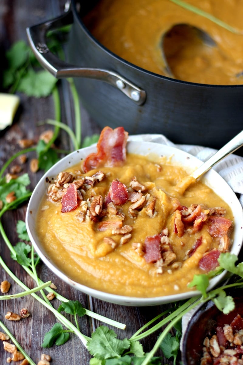 Creamy Winter Soup + Candied Pecans and Bacon. thewoodenskillet.com #soup