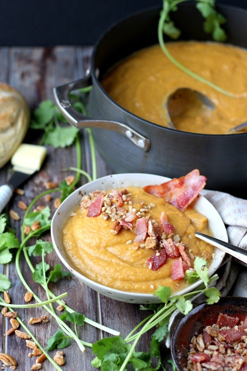 Creamy Winter Soup + Candied Pecans and Bacon. thewoodenskillet.com #foodphotography