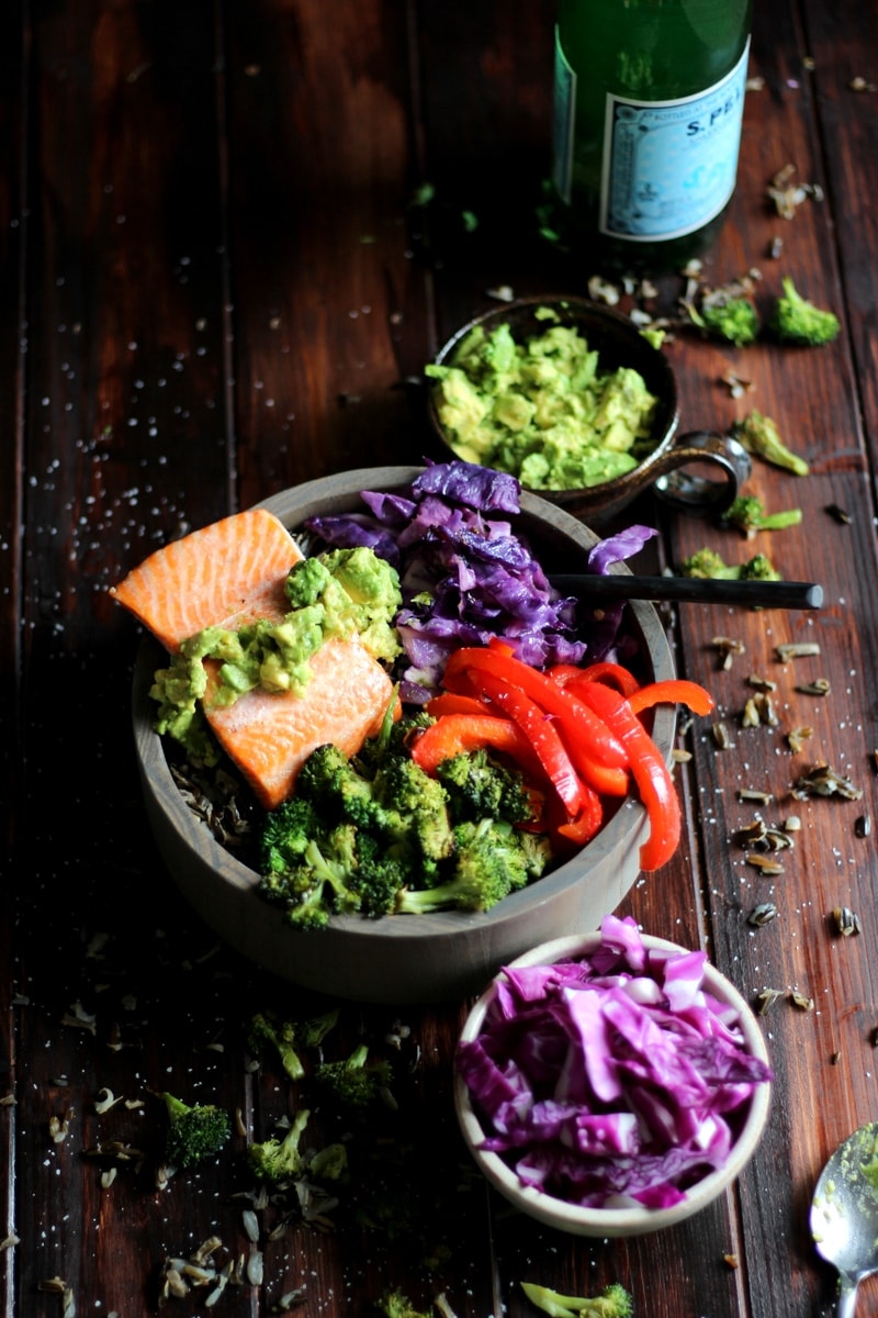 Salmon Power Bowl + Roasted Vegetables and Avocado - a healthy and delicious bowl of nutrients perfect for lunch or dinner. thewoodenskillet.com #foodphotography