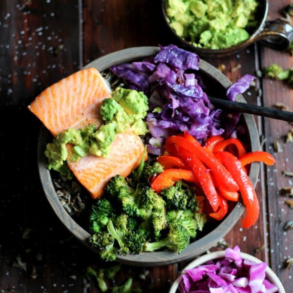 Salmon Power Bowl + Roasted Vegetables and Avocado. thewoodenskillet.com