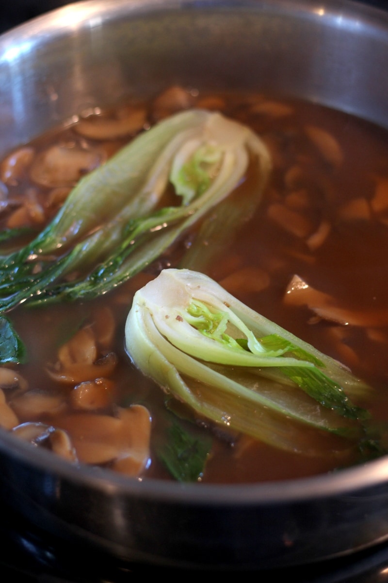 Thick-Cut Noodles + Bone Broth, Mushrooms and Soft Boiled Egg. thewoodenskillet.com #bokchoy