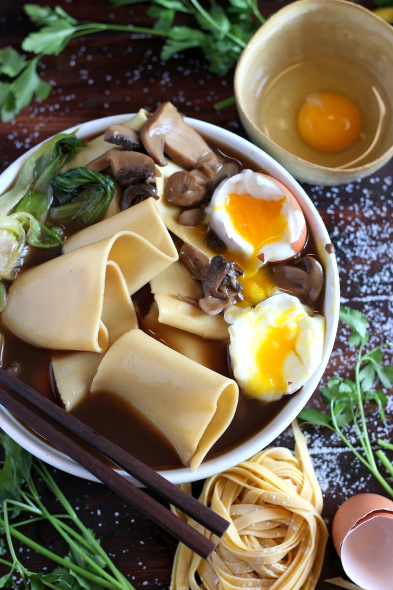 Thick-Cut Noodles + Bone Broth, Mushrooms and Soft Boiled Egg. thewoodenskillet.com