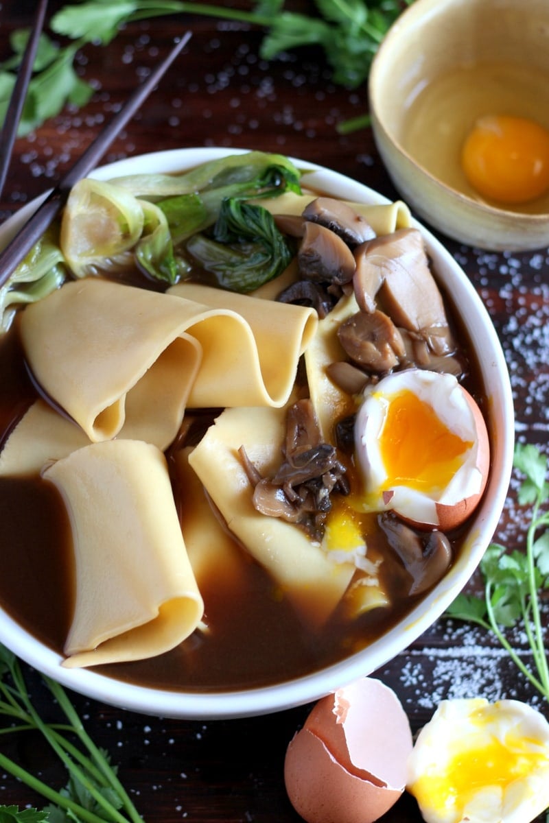 Thick-Cut Noodles + Bone Broth, Mushrooms and Soft Boiled Egg. thewoodenskillet.com