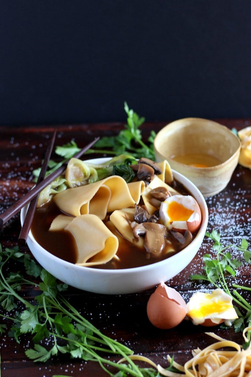 Thick Cut Homemade Noodles with bone broth, braised baby bok choy, mushrooms and soft-boiled egg. thewoodenskillet.com