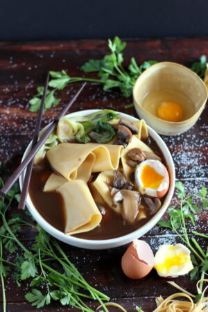 Thick-Cut Noodles + Bone Broth, Mushrooms and Soft Boiled Egg. thewoodenskillet.com