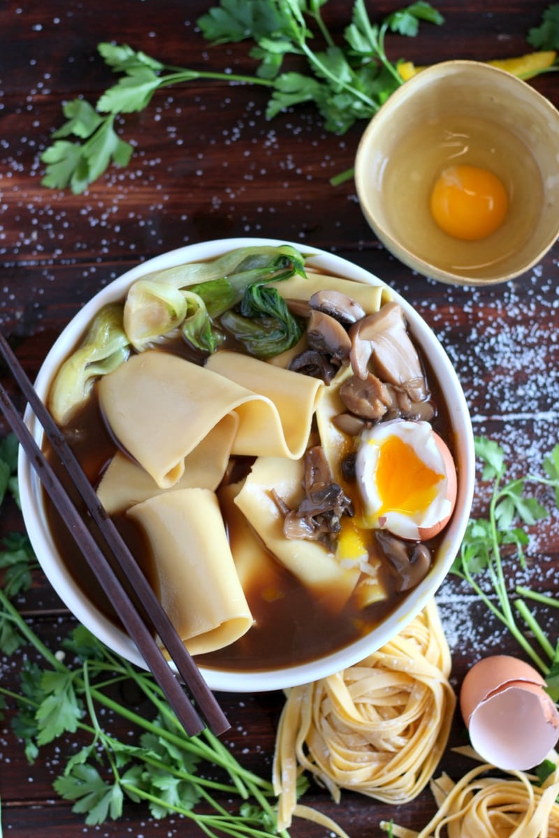 Thick-Cut Noodles + Bone Broth, Mushrooms and Soft Boiled Egg. thewoodenskillet.com