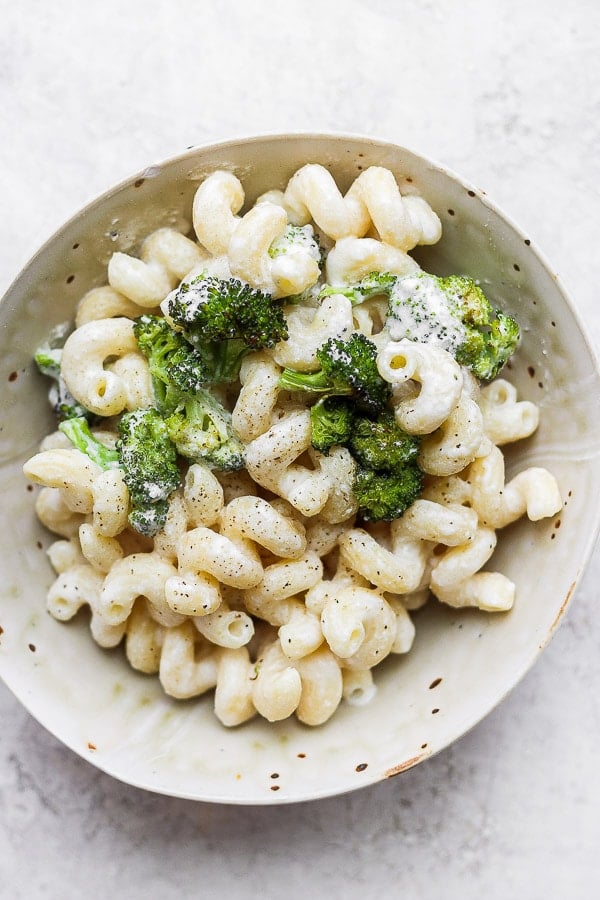 Goat Cheese Mac and Cheese + Roasted Broccoli in a bowl. 