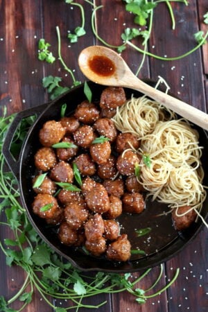 Sesame Soy Ginger Pork Meatballs + Noodles. A delicious and flavorful meatball recipe that your family will love!