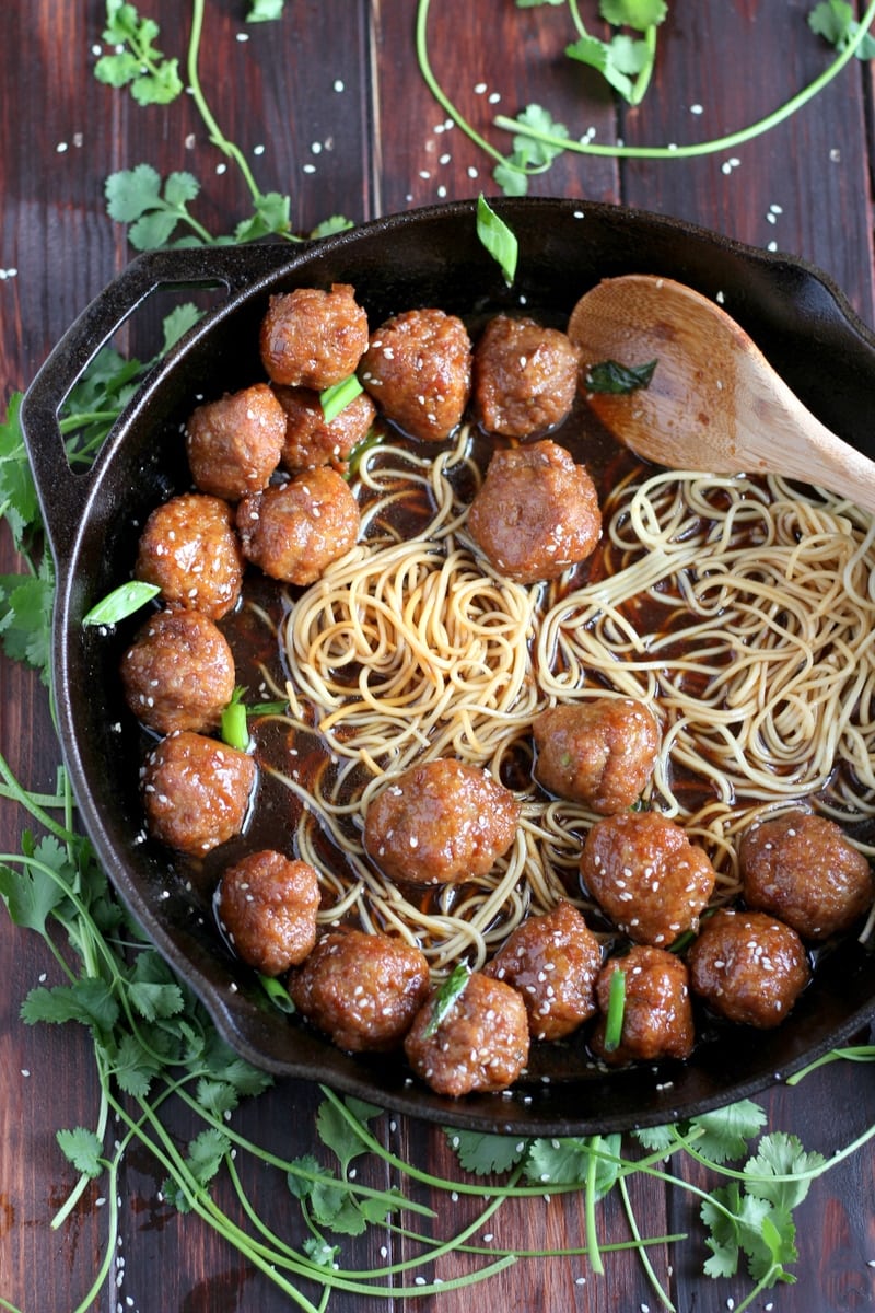 Sesame Soy Ginger Meatballs + Noodles - The Wooden Skillet