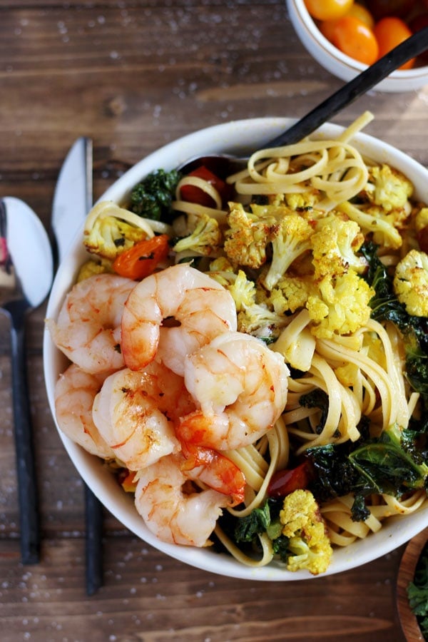 Roasted Turmeric Cauliflower, Kale and Shrimp Pasta + Brown Butter