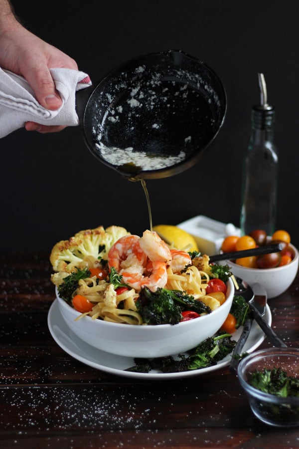 Roasted Turmeric Cauliflower, Kale and Shrimp Pasta + Brown Butter