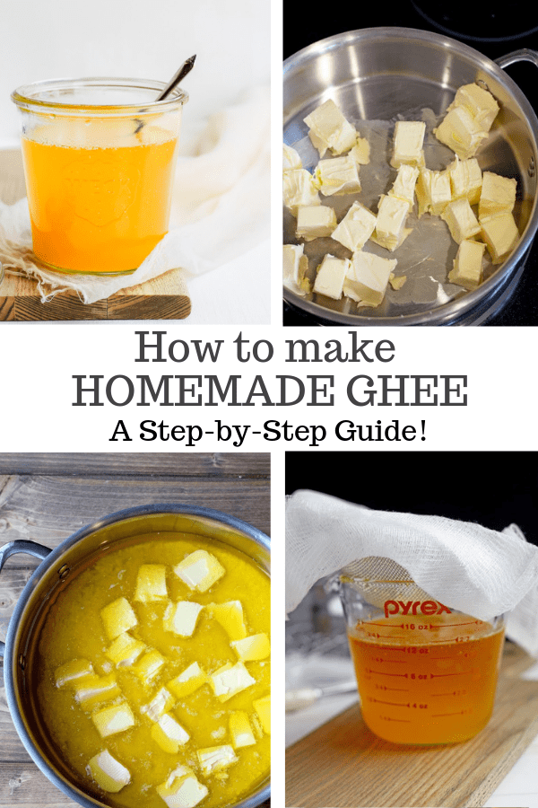 A Pinterest pin of 4 photos showing the steps of making ghee.