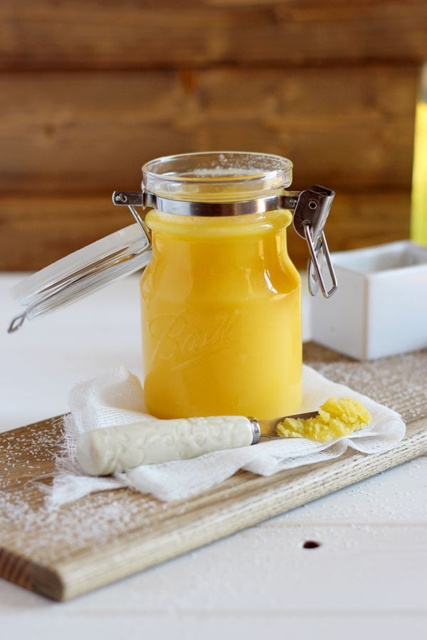 A jar of homemade ghee after it has hardened.