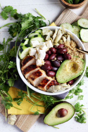 Organic Mediterranean Chicken Quinoa Bowl + Avocado. thewoodenskillet.com