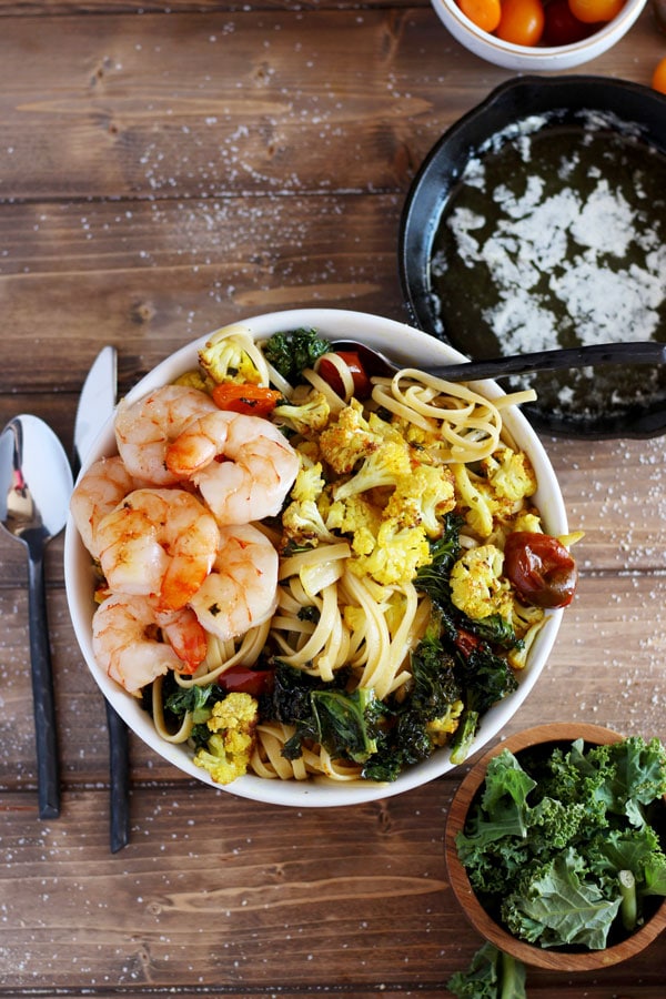 Roasted Turmeric Cauliflower, Kale and Shrimp Pasta + Brown Butter