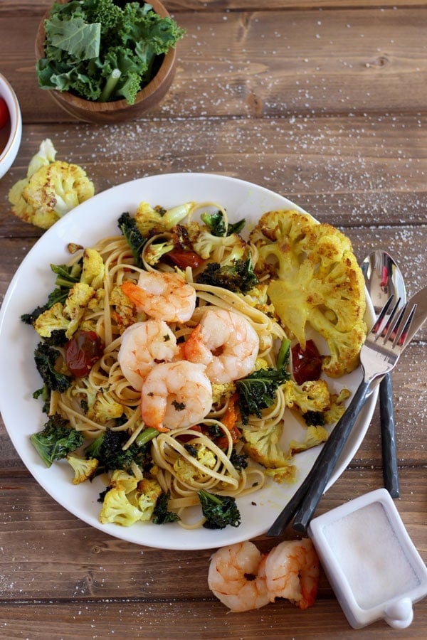 Roasted Turmeric Cauliflower, Kale and Shrimp Pasta + Brown Butter