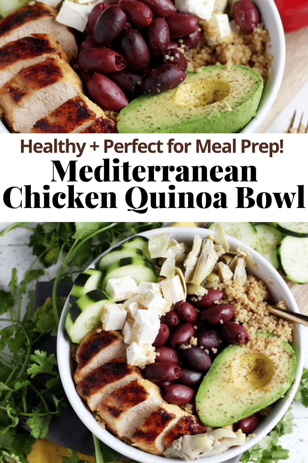 Pinterest image for a chicken quinoa bowl.