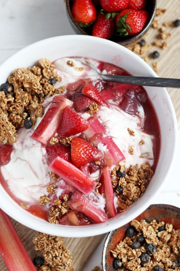 Braised Strawberry Rhubarb Compote + Yogurt and Granola