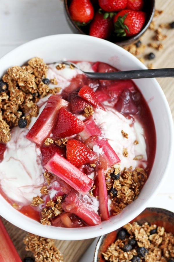 Braised Strawberry Rhubarb Compote + Yogurt and Granola 