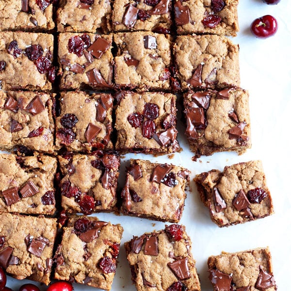 Brown Butter Cherry Chocolate Chunk Cookie Bars - thewoodenskillet.com