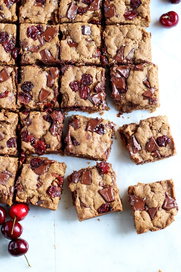 Chocolate chunk cookie bars separated for sharing.